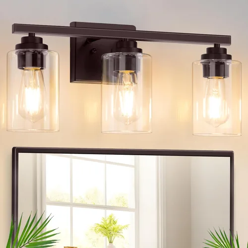 Lámparas de baño de 3 luces, 19 pulgadas, modernas luces de tocador sobre espejo con pantallas de vidrio transparente, accesorio de luz marrón,