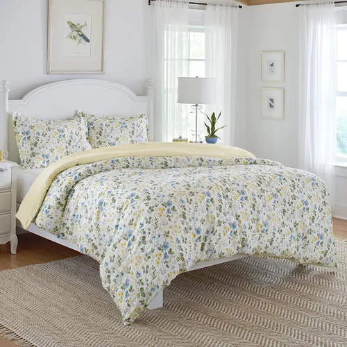 Miniatura 2 de Laura Ashley Inicio - Juego de funda de edredón tamaño individual, ropa de cama reversible de satén de algodón con funda a juego, decoración