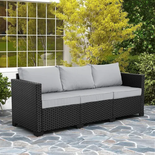 Miniatura 3 de Rattaner Muebles de Exterior Sofá de Exterior Muebles de Patio Sofá de 3 Asientos Asiento Profundo Respaldo Alto con Funda Impermeable y Cojines Gris