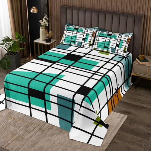 Erosebridal Juego de ropa de cama retro atómica tamaño individual, color blanco turquesa y negro, juego de edredón minimalista de mediados de siglo,