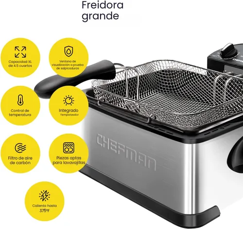 Miniatura 2 de Chefman - Freidora de 4.5 litros con colador de canasta, tamaño extragrande, temperatura y temporizador ajustables, perfecta para pollo frito