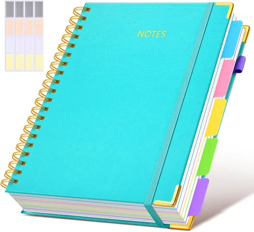 Miniatura 25 de Cuaderno universitario de espiral con tapa dura de cuero de 8 x 10 pulgadas, con pestañas separadoras extraíbles, para 5 materias, a rayas; diario