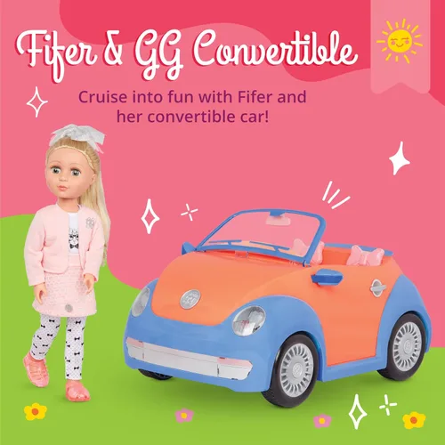Miniatura 3 de Glitter Girls Paquete de muñeca y vehículo de 14 pulgadas - Cabello rubio y ojos verdes - Coche azul y naranja - Maletero y soportes para cupcakes