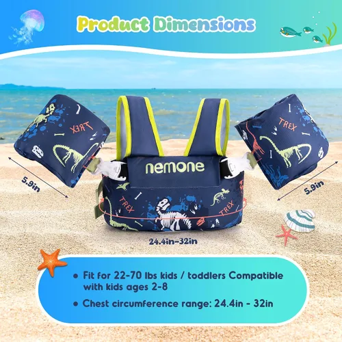 Miniatura 5 de Nemone Chaleco de natación para niños pequeños de 22 a 70 libras, flotadores para niños, chaqueta de natación con alas de agua para el brazo para C