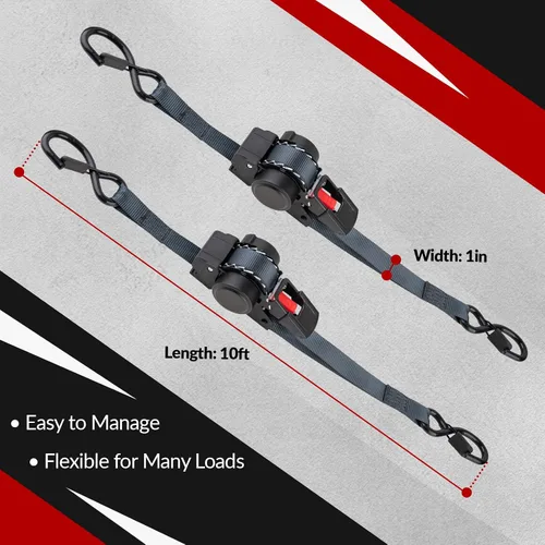 Miniatura 5 de 2 correas de trinquete autorretráctiles de 1 pulgada x 10 pies, correas de trinquete con rebobinado automático, resistencia a la rotura de 1200