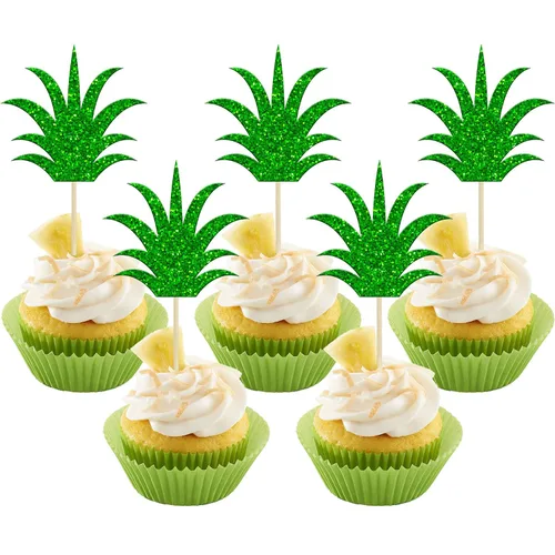 Miniatura 14 de Gyufise 1 pieza de decoración de pastel de feliz cumpleaños tropical hawaiano Luau pastel Pick Glitter Flamingo Flower Plam Leave Pineapple Cake