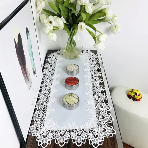 Camino de mesa de encaje para mesa de comedor, color blanco, para bodas, fiestas, 16 x 35 pulgadas, tela de encaje de peonías vintage, lavable para