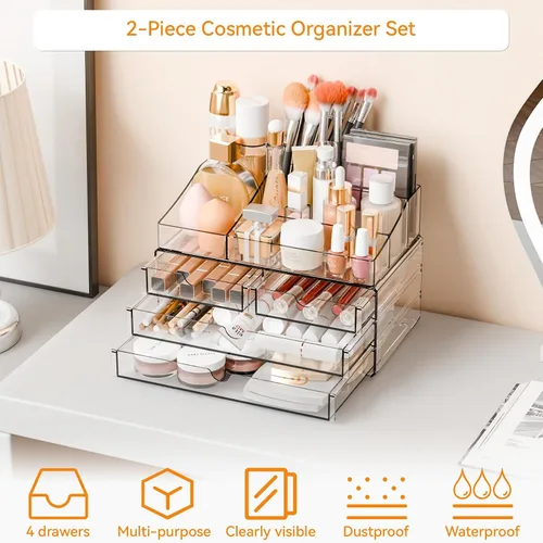 Miniatura 5 de Yieach Organizadores de maquillaje acrílico para mostrador, escritorio y tocador, paquete de 2 organizadores apilables para encimera de baño