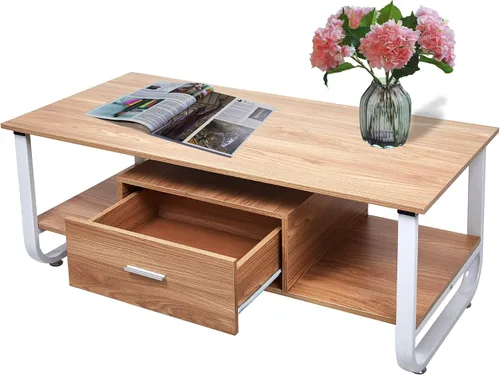 Miniatura 8 de Lucky Tree Mesa de café de 40 pulgadas, mesa de cóctel moderna de madera, cajón de almacenamiento blanco, diseño rectangular para sala de estar