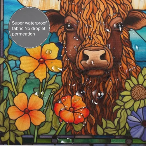 Miniatura 4 de Highland - Cortina de ducha de vaca para baño, diseño de hojas de flores, juego de cortina de ducha estilo bohemio, tela abstracta de animales