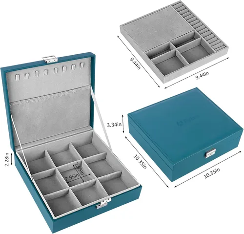 Miniatura 7 de SIMBOOM Joyero organizador para mujeres y niñas 2 capas de almacenamiento de joyas grande con cerradura organizador de joyas y relojes de cuero