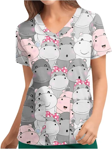 Miniatura 4 de Uniformes de enfermería con estampado de animales para mujer, manga corta, cuello en V, con bolsillos