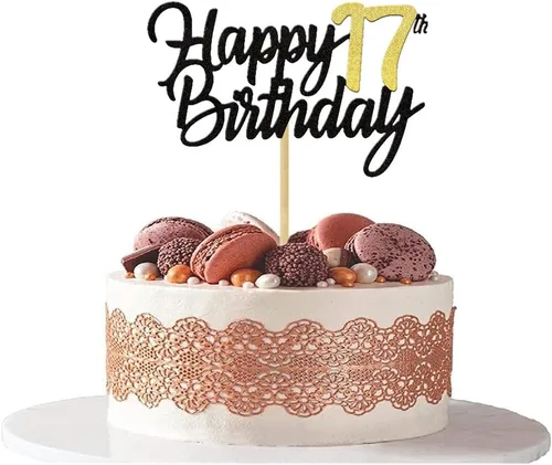 Miniatura 7 de Decoración para tartas de cumpleaños 17 años con purpurina para 17 años, decoraciones doradas para tartas de cumpleaños de 17 años, suministros