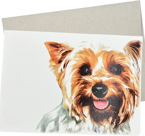 Yorkie - Tarjeta de felicitación (5 x 7 pulgadas y interior en blanco para todas las ocasiones), lindo Yorkshire Terrier en tarjeta para cumpleaños,