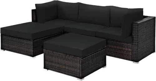 Miniatura 21 de Tangkula Patiojoy - Juego de muebles de ratán de 7 piezas, juego de conversación al aire libre con cojines y mesa de centro de vidrio templado