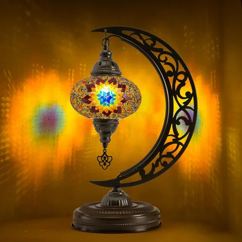 Miniatura 10 de Lámpara de mesa turca de mosaico en forma de media luna, lámpara de escritorio marroquí estilo luna boho hecha a mano, iluminación decorativa