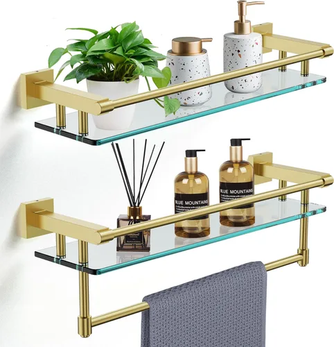 Paquete de 2 estantes de vidrio de 20 pulgadas para baño, 21 pulgadas, soportes rectangulares de acero inoxidable, vidrio templado, accesorios de