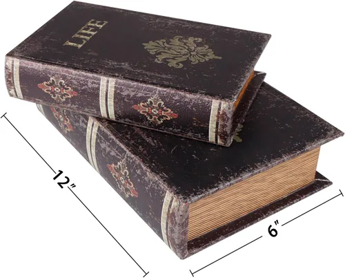 Miniatura 7 de SICOHOME Juego de 2 Cajas Decorativas para Libros de Madera, Caja de Libro Falso con Detalles de Cuero Sintético, Baratija Recuerdo Cofre del Tesoro