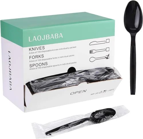 Cucharas de plástico desechables empaquetadas individualmente, color negro, 7 pulgadas, para llevar comercial, masa súper dura, pesada envuelta