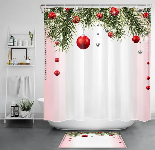 Miniatura 17 de Cortina de ducha de Feliz Navidad, bolas de Navidad azules y ramas de pino verde en tela blanca moderna, cortina de ducha para baño, cortina de baño