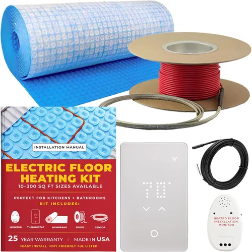 Kit de calefacción radiante eléctrica de 100 pies cuadrados y 120 V - Incluye cable calefactor, membrana de calor, termostato programable LED WiFi y