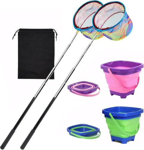 2PCS Fishing Net with Bucket, Telescopic Fishing Landing Net, Collapsible Youth Sand Bucket, Youth Fish Butterfly Catching for Freshwater Saltwater
