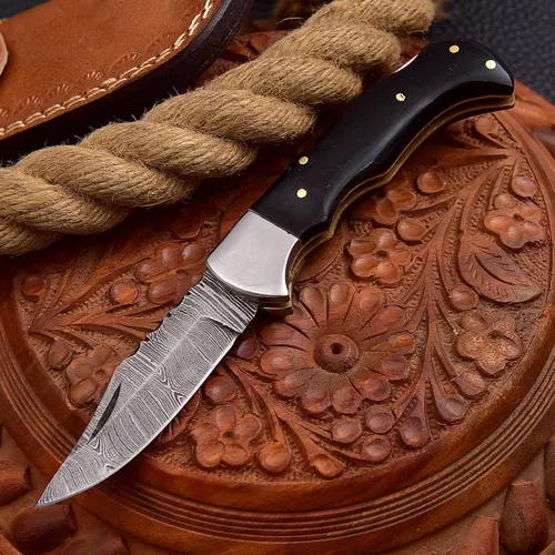 Miniatura 3 de FM807 Cuchillo de bolsillo, cuchillo plegable con clip de Damasco hecho a mano personalizado para hombres, genial para camping, caza, pesca y Negro