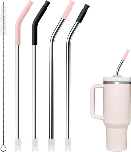 Miniatura 12 de 4 popotes reutilizables de metal para vaso de 40 onzas, popote largo de acero inoxidable con puntas de silicona coloridas, popote para vasos de Negro