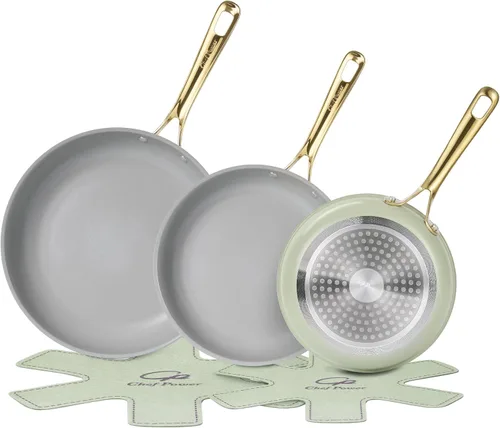 Miniatura 12 de Chef Power Sartén de cerámica con mango de acero inoxidable, juego de 5 piezas, sartén antiadherente, apta para lavavajillas y horno, gris azul