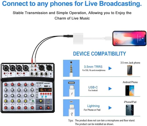 Miniatura 5 de BOMGE Mezclador de sonido de audio de 6 canales – Consola de mezcla de DJ digital profesional para transmisión en vivo, karaoke y grabación estéreo
