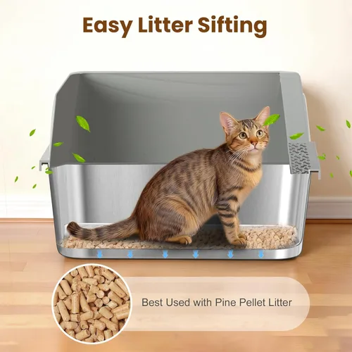 Miniatura 3 de Caja de Arena Tamizadora de Acero Inoxidable para Pellets de Pino, Caja de Arena para Gatos con Tamiz, Lado Alto para Gatos Pequeños, Anti-Fugas
