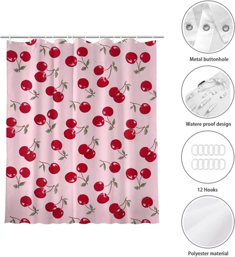 Miniatura 4 de KOMIKU Juego de cortina de ducha estética de frutas con diseño floral de cereza rosa, decoración de baño de frutas de verano, de poliéster, lona