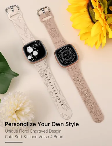 Miniatura 2 de Minyee Paquete de 2 correas grabadas florales compatibles con Fitbit Versa 4/Versa 3/Sense 2/Sense Band para mujer, lindo diseño de girasol
