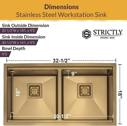 Miniatura 6 de Strictly Sinks - Fregadero de cocina dorado de 32 pulgadas, resistente a arañazos y manchas, rejilla inferior de doble tazón de calibre 16, tabla