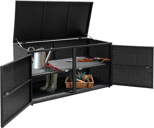 HAPPYGRILL Caja de almacenamiento de mimbre para exteriores, caja de almacenamiento de mimbre para patio, 88 galones, caja de almacenamiento para