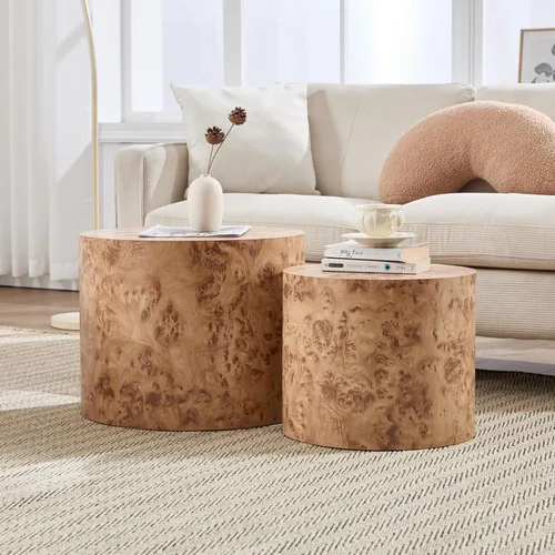 Miniatura 5 de Ya-Home Juego de 2 mesas auxiliares redondas, mesa auxiliar anidable de madera para sala de estar, balcón, oficina, color natural Burl, sin montaje