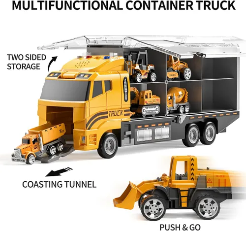 Miniatura 4 de TEMI Juguetes para Niños Pequeños de 3 4 5 6 Años Niños, Set de Juguetes de Construcción de Vehículos Fundidos a Presión con Transportador de Autos
