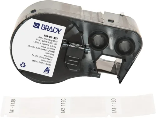 Brady Auténticas etiquetas envolventes de vinilo autolaminables (M4-91-427) de 1.5 pulgadas de alto x 1 pulgada de ancho, negro sobre blanco,