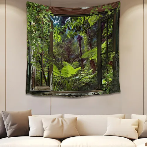Miniatura 30 de QGHOT Tapiz de bosque brumoso, tapiz de montaña natural para colgar en la pared, paisaje de acuarela verde salvia, arte de pared para dormitorio