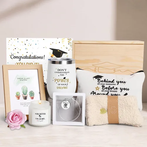 Regalos de graduación 2025, regalos de felicitación para ella con vaso de vino de 12 OZ, vela, marcos, llavero, regalos de graduación universitaria