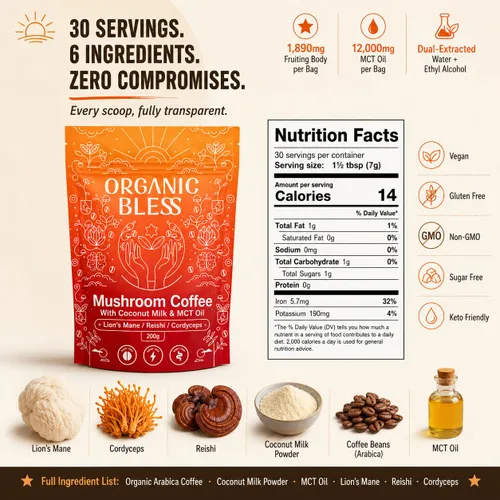 Miniatura 2 de Organic Bless Café instantáneo de hongos con melena de león, reishi y cordyceps – Leche de coco y aceite MCT para una energía suave y concentración