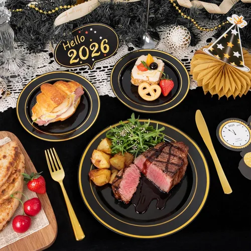 Miniatura 7 de WDF 125 platos negros desechables con borde dorado y cubiertos desechables de plástico dorado para Halloween, 50 platos de graduación, 25 tenedores