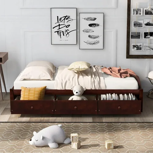 Miniatura 4 de Merax Marco de cama de madera con 3 cajones, cama de día individual Storge con soporte de listones de madera, ahorro de espacio, cereza