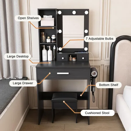 Miniatura 4 de Escritorio de tocador de 7 bombillas con espejo y luces LED ajustables, mesa de maquillaje de 23.62 pulgadas con toma de corriente y taburete
