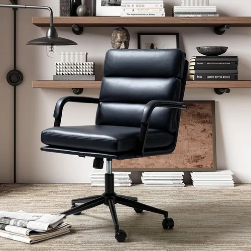 Miniatura 9 de HULALA HOME Silla moderna de piel sintética para oficina en casa con bloqueo de inclinación y base de metal, silla de escritorio con ruedas y cojín