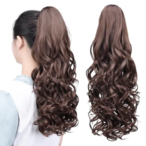 Miniatura 50 de Extensiones de cola de caballo, extensiones de cabello rizado con clip de garra de color marrón oscuro para mujer, peluca sintética de cola
