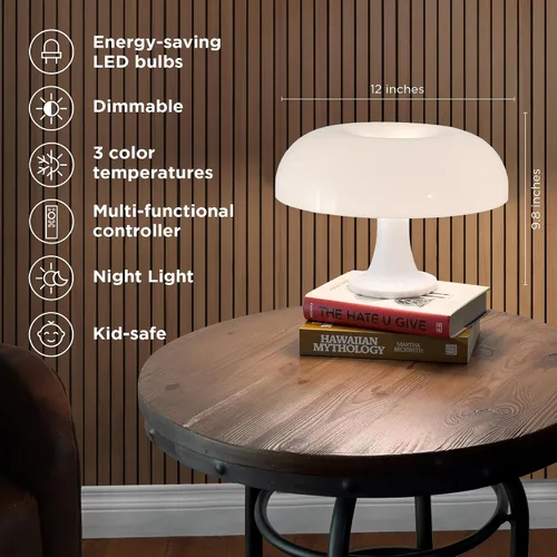 Miniatura 2 de Lámpara de mesa con forma de hongo blanco, lámpara de mesa retro regulable, 3 temperaturas de luz, control remoto, lámpara LED de los años 70