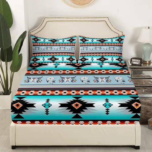 Miniatura 3 de Juego de ropa de cama de estilo bohemio occidental, tamaño individual, diseño de vaca atrapasueños, sábana bajera ajustable del suroeste, tribu