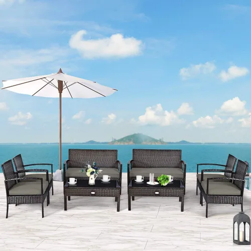 Miniatura 12 de Juego de 4 muebles de patio para exteriores, juego de sofá de mimbre con cojín marrón oscuro resistente al agua y mesa de vidrio templado para patio