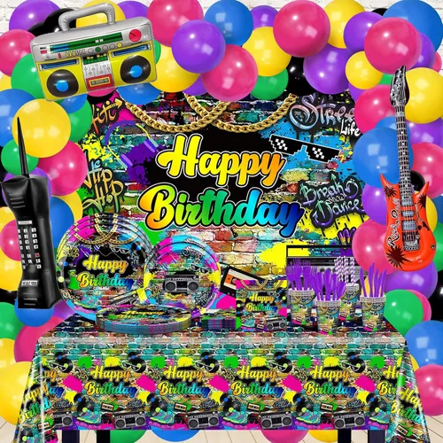 Decoraciones de cumpleaños de los años 80, 280 piezas, globos de fondo de regreso a los años 80 y 90, platos de hip hop, servilletas, tazas,